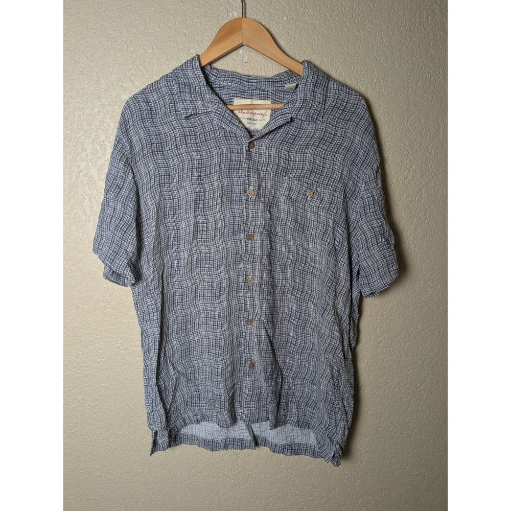 Weatherproof Vintage Men Short Sleeve Shirt L Blue Button Up Pocket Dad Outdoor